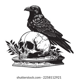 Raven sitting on a human skull hand drawn sketch in doodle style illustration