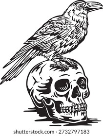 Cuervo sentado en el cráneo humano ilustración de grabado gótico vintage