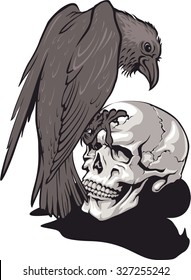 Raven sitting on human skull. Vector illustration. Crow. Tattoo style