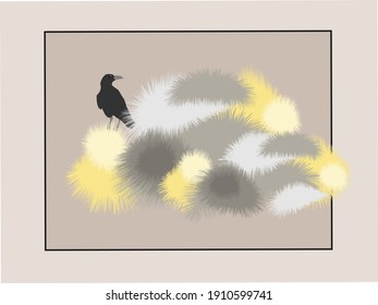 A raven sitting on a pile of multicolored fluff in a frame