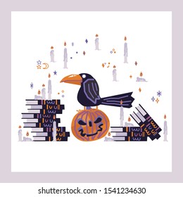 Raven sitting on a pumpkin. Vector illustration. Cartoon raven around magical candles and books.