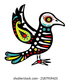 Raven, skeletons with floral patterns. Colorful crow. Animal decoration for the Mexican holiday Day of the Dead or Halloween. Vector illustration