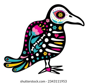 Raven, skeletons with floral patterns. Colorful crow. Animal decoration for the Mexican holiday Day of the Dead or Halloween. Vector illustration