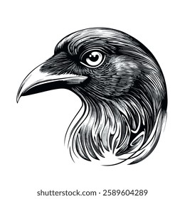 Raven sketch black and white engraving drawing. 3 colors EPS 10 vector illustration