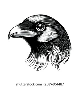 Raven sketch black and white engraving drawing. 3 colors EPS 10 vector illustration