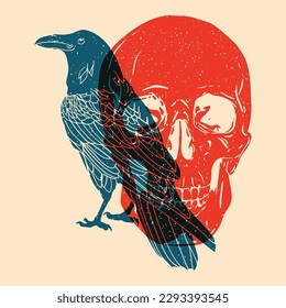 Raven and skull. Colorful cute screen printing effect. Riso print effect. Vector illustration. Graphic element  for fabric, textile, clothing, wrapping paper, wallpaper, poster. 