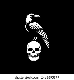 Raven skull. Crow skull. Raven standing on skull logo illustration