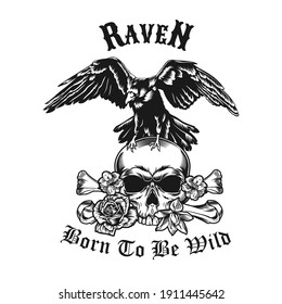 Raven with skull emblem design. Monochrome element with wild crow carrying dead head bones with flowers vector illustration with text. Horror concept for tattoo studio stamps and labels templates