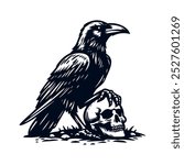 Raven with skull isolated vector illustration	