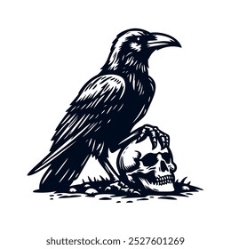 Raven with skull isolated vector illustration	