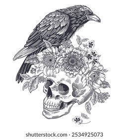 Raven, skull and peonies. Vintage pattern. Vector illustration. Black and white. Template for t-shirt print, wrapping, interior decor.