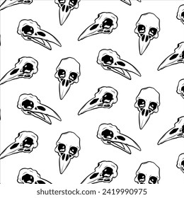 Raven skull. Seamless mystical black and white vector background for textiles, fabrics, wallpaper, packaging. Design for the holiday of the dead and Halloween.