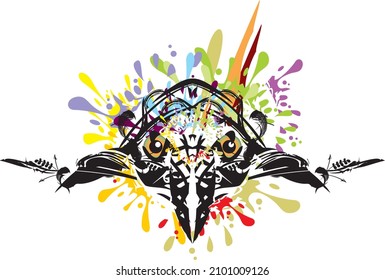 Raven splashes on a white background for prints on T-shirts or fashion trends. Multicolor splashes in raven head symbol for creative compositions, festival mask, holidays or events, textiles, etc. 