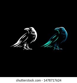 A raven is standing with its wings folded. Vector illustration.