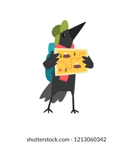 Raven travelling with backpack and map, cute cartoon bird having hiking adventure travel or camping trip vector Illustration on a white background