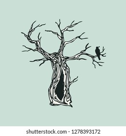 raven in the tree. graphic decorative pattern
