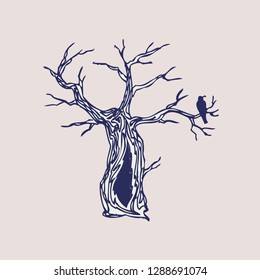 raven in the tree. graphic decorative pattern