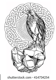 Raven. Vector Illustration Isolated On White Background. Detailed Drawing Of A Bird.The Celtic Ornament