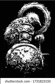 The Raven warrior, with the body of a humanoid, leans on a sword, holding a round shield with dents in his left hand, glowering at the viewer . 2D illustration
