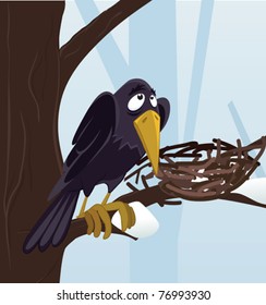 raven in winter forest