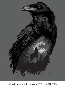 Raven and wolf that howls at the moon. Black and white drawing