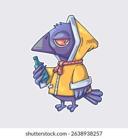 A raven in a yellow raincoat with a bottle in his hands. Cartoon vector character. Trendy style. Vector illustration.