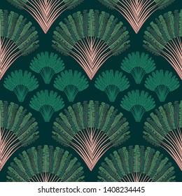 

Ravenala madagascariensis seamless pattern.Vintage texture with fan foliage on a dark background. Hand drawn vector illustration with an exotic giant palm tree.