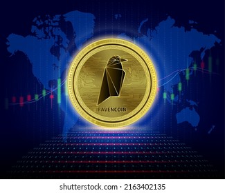 Ravencoin (RVN) coin. 3D Vector illustration. Cryptocurrency blockchain (crypto currency) Future digital replacement technology. Silver golden virtual currency growth share chart is background.