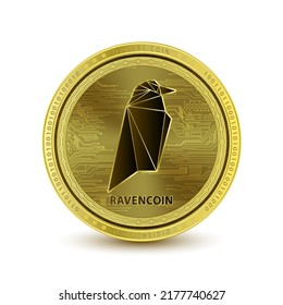 Ravencoin (RVN) coin gold isolated on white background. Symbol of business modern gold, money. Cryptocurrency blockchain (crypto currency) alternative currency. 3D Vector illustration.  