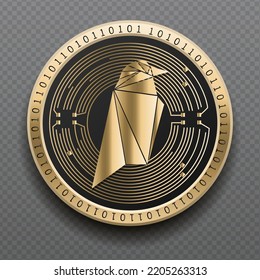 Ravencoin (RVN) cryptocurrency golden coin isolated in transparent background. Virtual currency token symbol vector illustration based on cryptography and block chain technology.