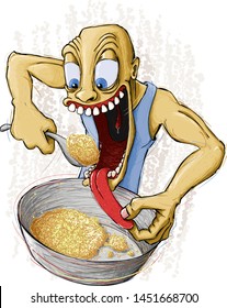 Ravenous appetite. A character eats with fury porridge from a big basin. You must see this action.