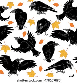 Ravens and autumn leaves on a white background. seamless vector illustration