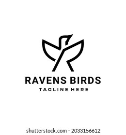 Ravens bird combination And letter R with in white background, vector logo design flat minimalist