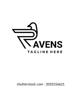 Ravens bird combination And letter R with in white background, vector logo design flat minimalist