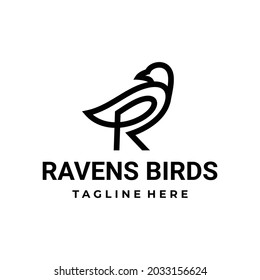 Ravens bird combination And letter R with in white background, vector logo design flat minimalist