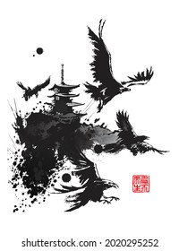 Ravens circle over the pagoda. Text - "Born to fly". Vector illustration in traditional oriental style.