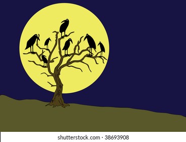 ravens on the rampike at night - vector