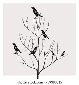 Ravens on a tree vector illustration hand drawn