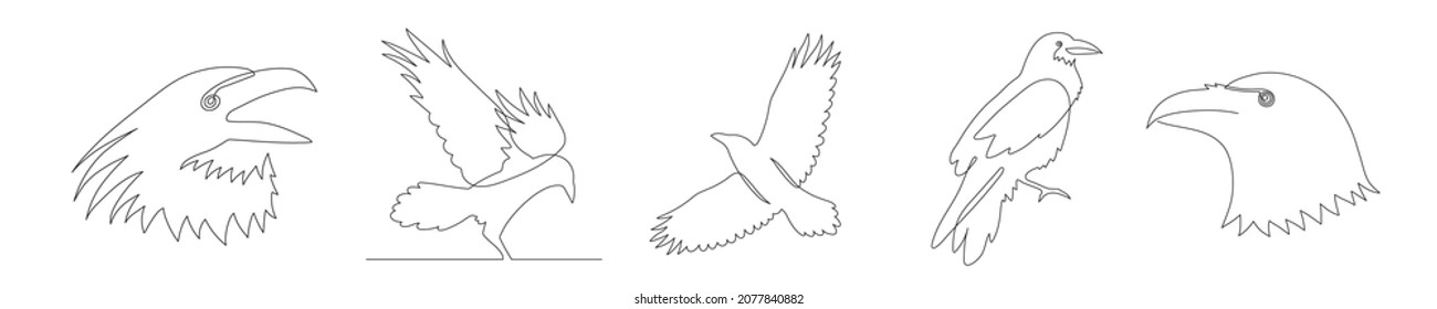 Ravens one-line set, crows hand drawn continuous contour. Doodle, sketch style, minimalism. Croaking ominous prophet, symbol of wisdom.Decoration for Halloween. Isolated. Vector illustration