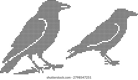 Ravens presented in a cross stitch pattern, striking stitch pattern art for avian motifs.