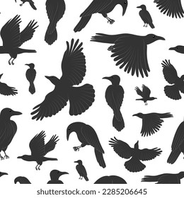 Ravens seamless pattern. Cute crow birds isolated on white background. Flat vector illustration.