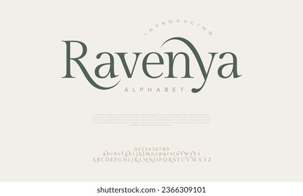 Ravenya premium luxury elegant alphabet letters and numbers. Elegant wedding typography classic serif font decorative vintage retro. Creative vector illustration