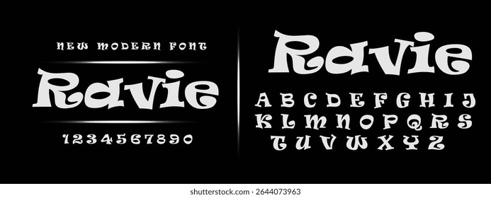 Ravie Modern minimal logo alphabet font. Typography abstract minimalist round sans serif technology, electronic, movie, creative logos fonts. vector illustration