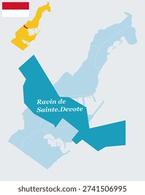 Ravin de Sainte-Dévote Monaco Map and Flag - Saint Devote's Ravine, Sainte-Dévote Chapel and Smallest Ward Vector Outline

