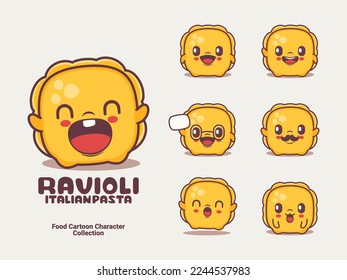 ravioli cartoon. italian pasta vector illustration with different expressions