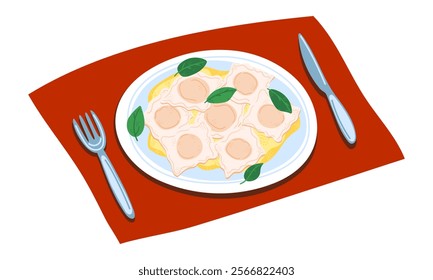 Ravioli with a creamy sauce and fresh basil on a plate. Illustration for culinary blogs, recipe books, menus, or Italian food promotions