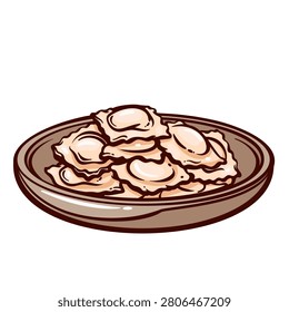 Ravioli Dish on brown plate with stuffed pasta squares, crimped edges, creamy filling and beige tones. Italian menu with ravioli dish, cartoon vector illustration.