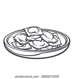 Ravioli Dish on plate with stuffed pasta squares, crimped edges and sauce detail. Italian menu and packaging with ravioli dish, outline vector illustration.
