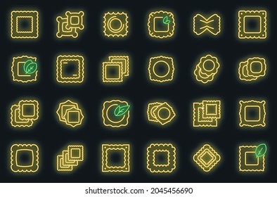 Iconos de Ravioli. Conjunto de esquemas de iconos de los vectores de ravioli color de neón sobre negro