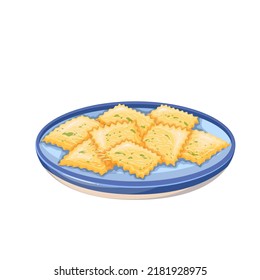 Ravioli, Italian food vector illustration. Cartoon plate with meal of homemade thin pasta dough, fillings and sauce, isolated homemade stuffed ravioli, gourmet dish in traditional cuisine of Italy